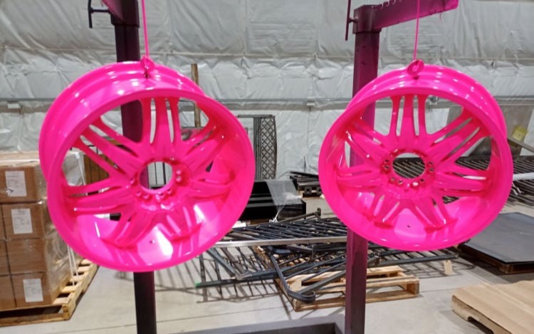 Bright pink powder coated metal wheel hubs