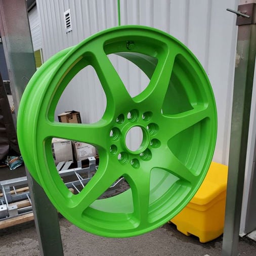 Bright lime green powder coated metal wheel hub